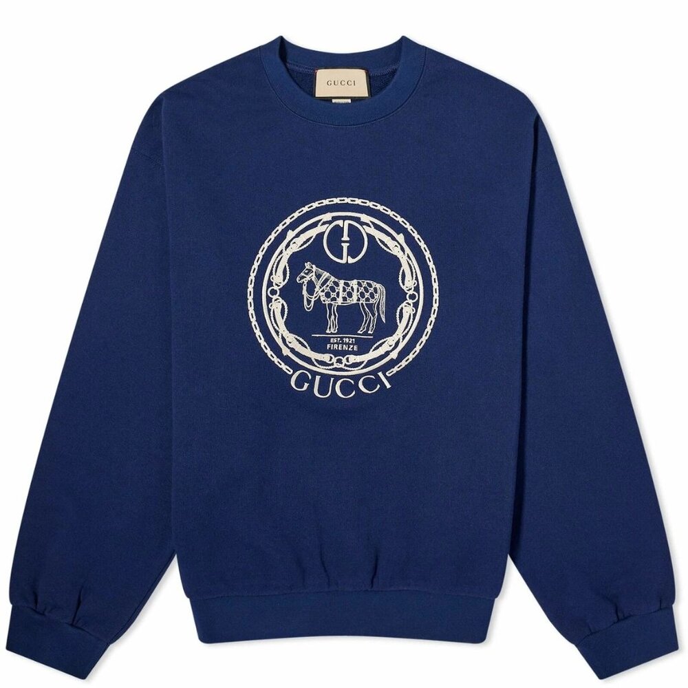 NEW Gucci Men's Navy Blue Horse Parade Logo (2025) Crew Neck Sweatshirt Size S